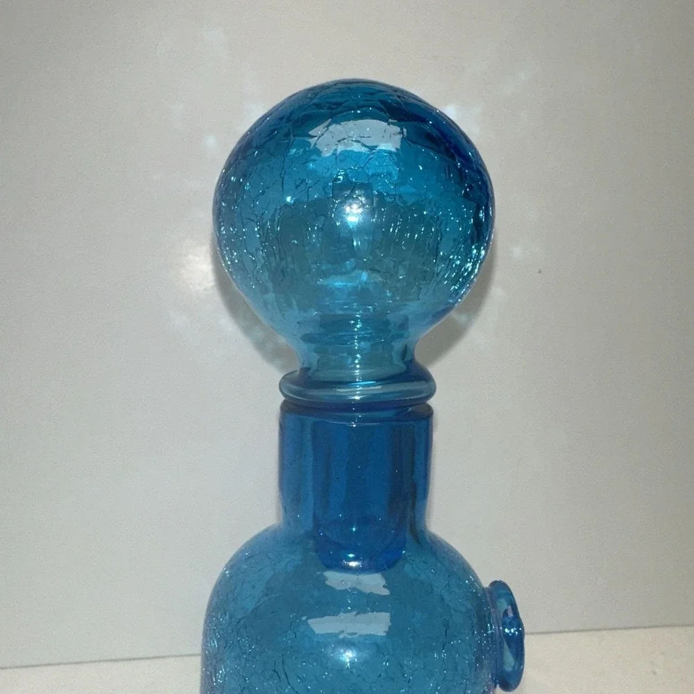 Blue Crackle Glass Decanter W/ Stopper Mid Century Modern MCM
